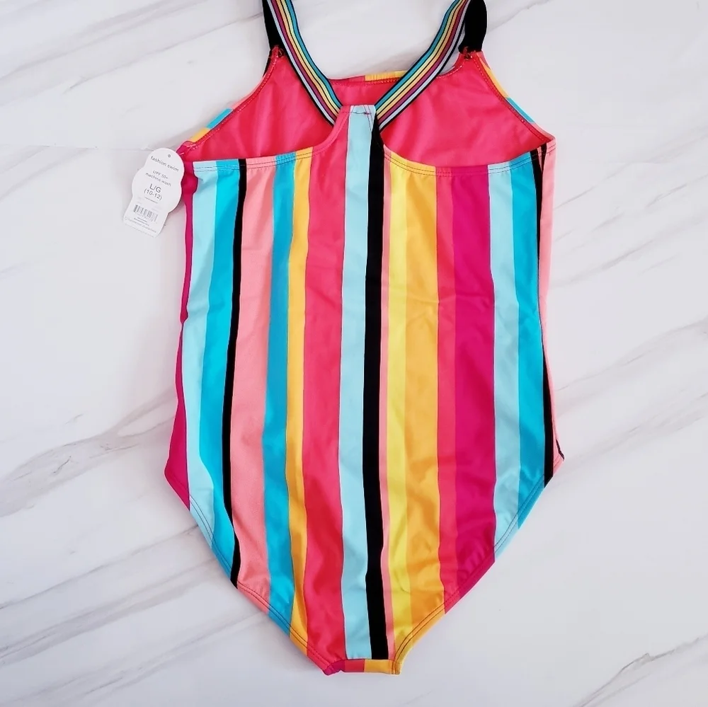 Wonder Nation Kids One Piece Bathing-Suit Striped Multicolored Rainbow Swimsuit